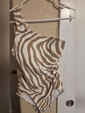 Michael Kors White and Taupe Zebra-Print Swim Belt with Gold Hardware
